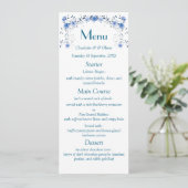 Menu de dîner de mariage floral à l'aquarelle bleu (Debout devant)
