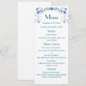 Menu de dîner de mariage floral à l'aquarelle bleu (Devant / Derrière)
