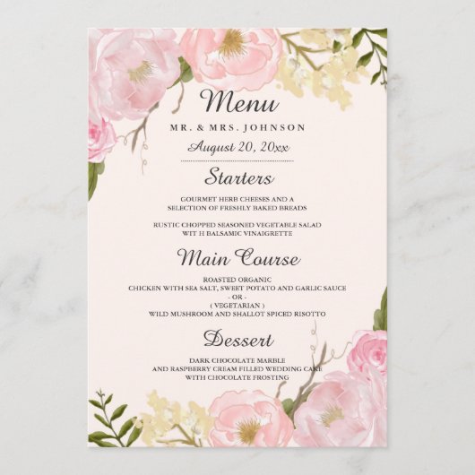 Menu de dîner de mariage floral botanique Blush ro (Devant)