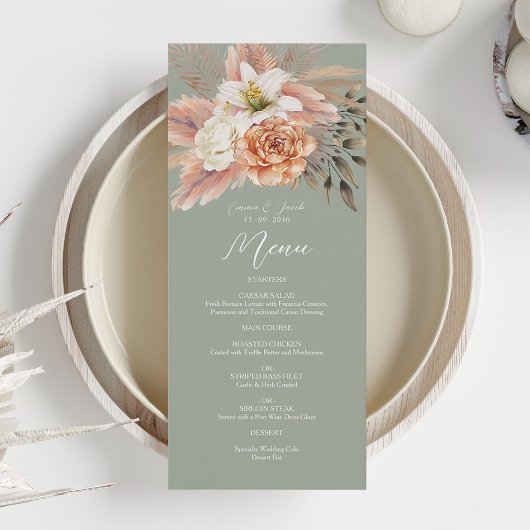 Menu de dîner de mariage floral pêche vert sauge