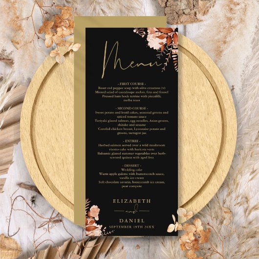 Menu de dîner de mariage floral rustique noir et o