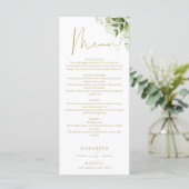 Menu de dîner de mariage floral vert doré monogram (Debout devant)