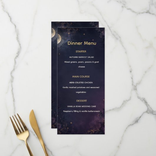 Menu de dîner de mariage gothique céleste modifiab (Devant/Arrière en situation)