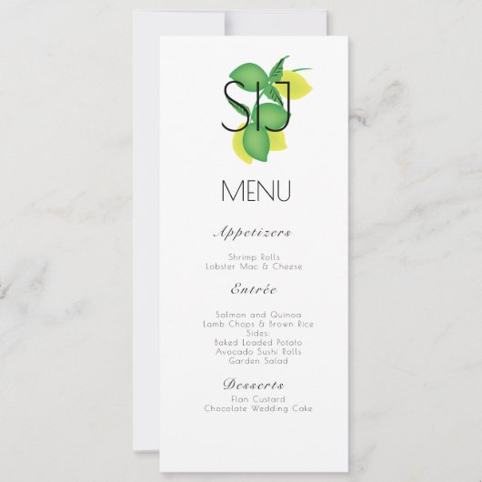 Menu de dîner de mariage Limoncillo citron vert Bo (Devant)
