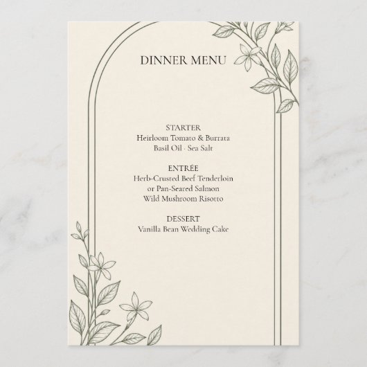 Menu de dîner de mariage Olive Botanical Arch (Devant)