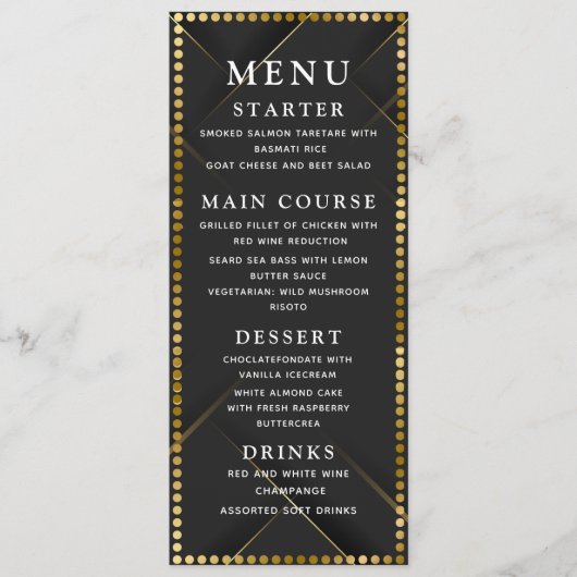 Menu de dîner de mariage or et noir délicat (Devant)