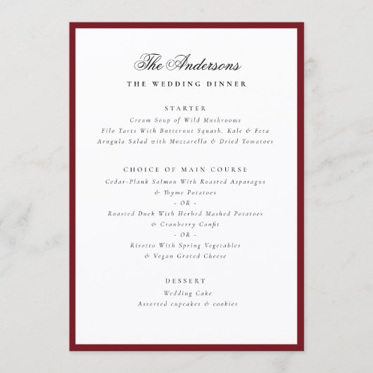 Menu de dîner de mariage personnalisé avec nom en (Devant)