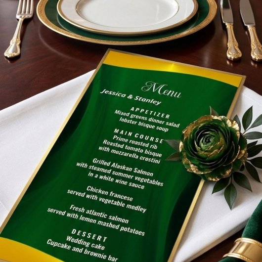 Menu de dîner de mariage simple élégant vert émera