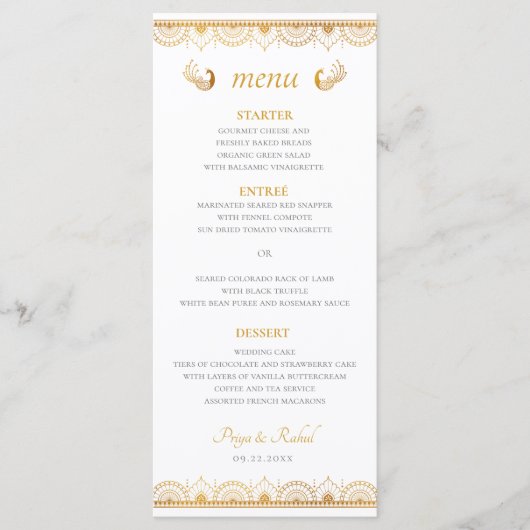 Menu de dîner de mariage sur le thème de l'or indi (Devant)