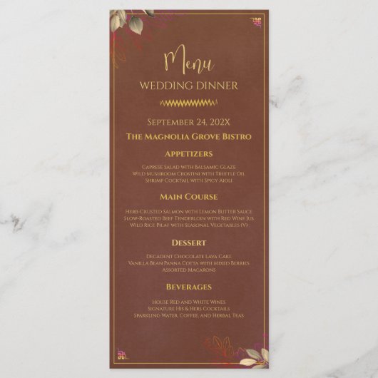 Menu de dîner de mariage Terracotta rustique et or (Devant)