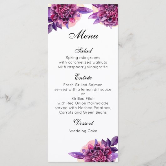 Menu de dîner de mariage violet. Menu floral fête (Devant)