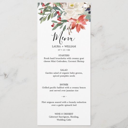 Menu de dîner de Noël aux baies de houx et florale (Devant)