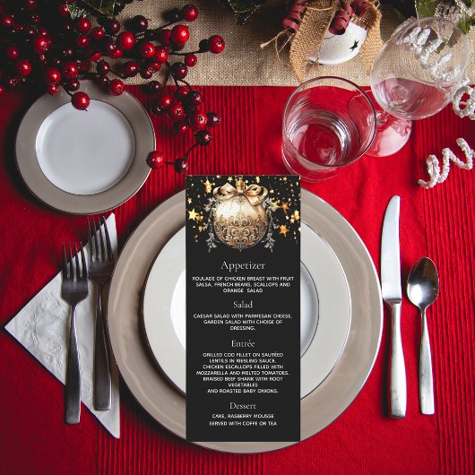 Menu de dîner de Noël avec bauble or noir de fête