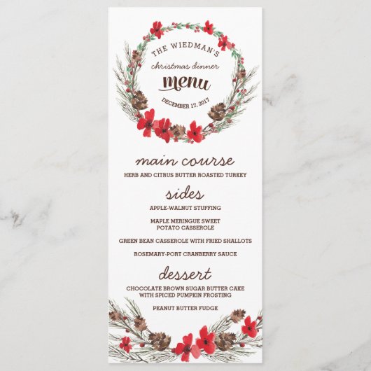Menu de dîner de Noël Couronne Florale Fêtes (Devant)