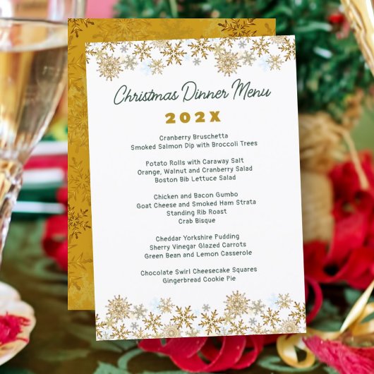Menu de dîner de Noël en flocons de neige dorés