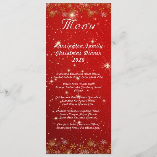 Menu de dîner de Noël en flocons de neige dorés ro (Devant)