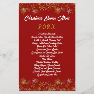 Menu de dîner de Noël Flocons de neige dorés rouge