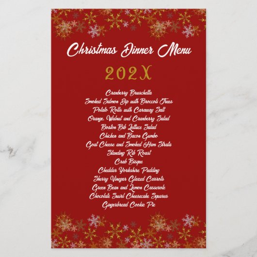 Menu de dîner de Noël Flocons de neige dorés rouge (Devant)