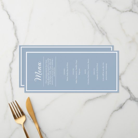 Menu de dîner de réception de mariage bleu élégant (Devant/Arrière en situation)