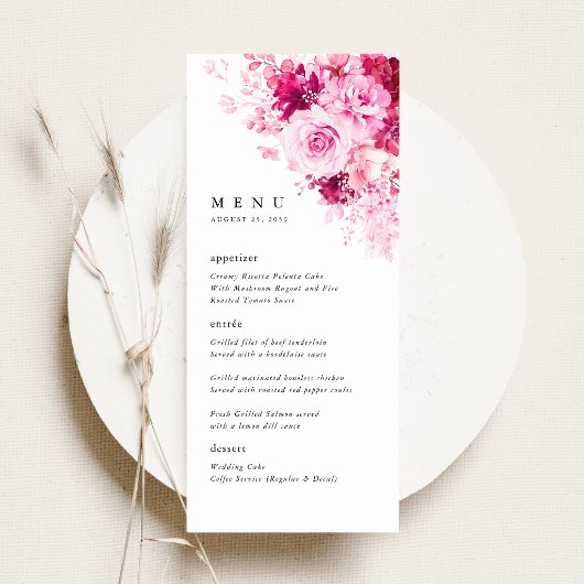 Menu de dîner de réception de mariage floral rose