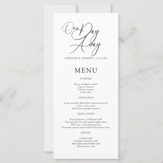 Menu de dîner de répétition élégant à un jour de l (Devant)