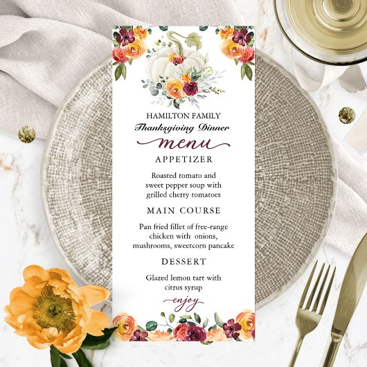 Menu de dîner de Thanksgiving avec citrouille flor