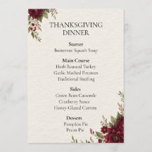 Menu de dîner de Thanksgiving floral Bourgogne