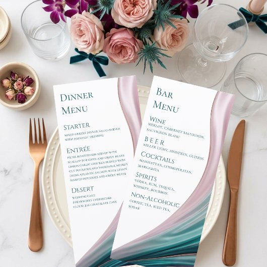 Menu de dîner et de bar de mariage en soie sarcell