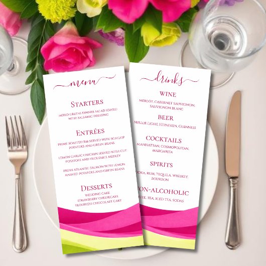 Menu de dîner et de bar de mariage Fuchsia et vert