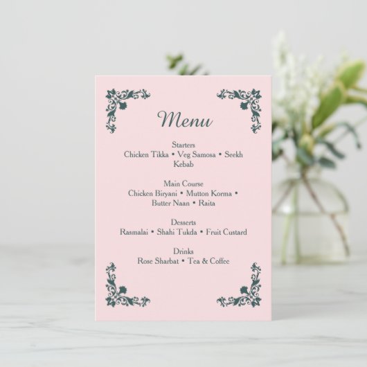 Menu de dîner floral rose pâle et gris ardoise (Debout devant)