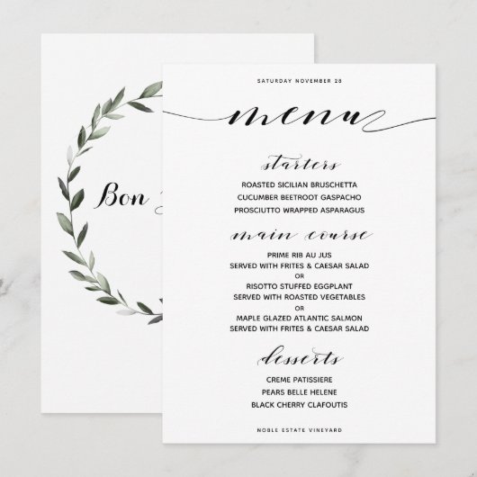 Menu de dîner large personnalisable classique (Devant / Derrière)