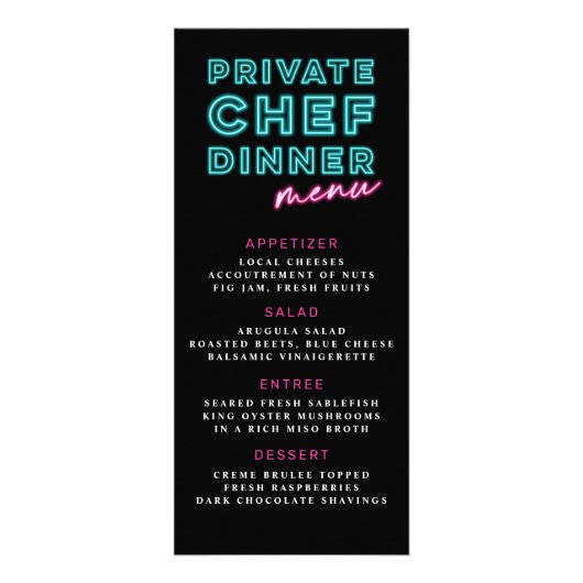 Menu de dîner privé avec chef cuisinier bleu néon  (Devant)