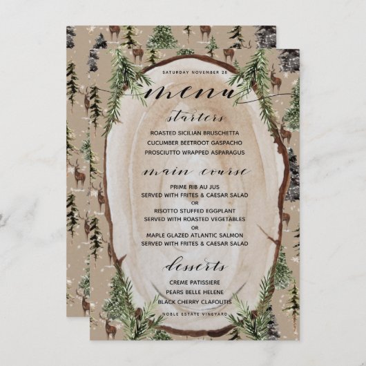 Menu de dîner Rustique Kraft Paper Winter Woodland (Devant / Derrière)