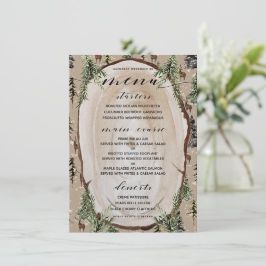 Menu de dîner Rustique Kraft Paper Winter Woodland (Debout devant)