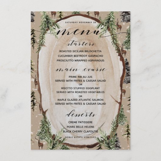 Menu de dîner Rustique Kraft Papier Forêt hivernal (Devant)