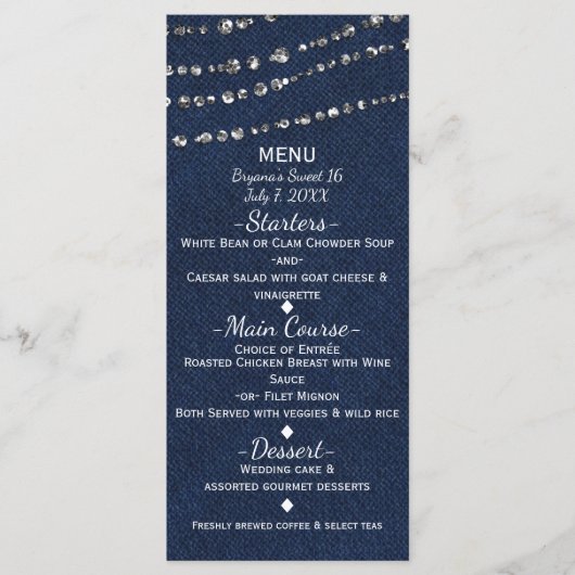 Menu de fête Blue Denim & Diamonds Sparkle Bling (Devant)