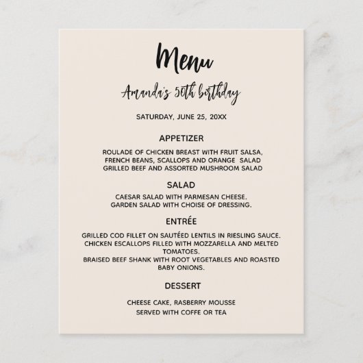 Menu de fête d'anniversaire beige (Devant)