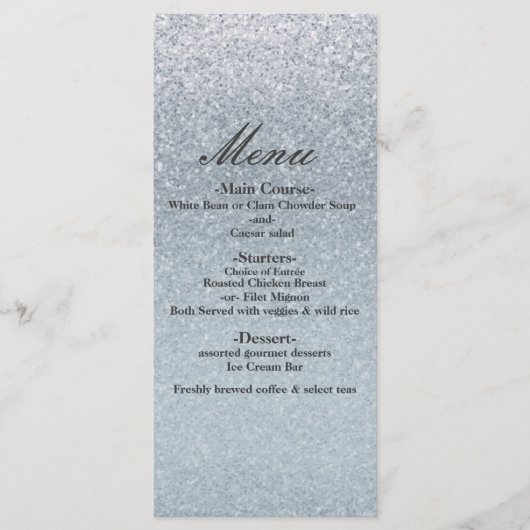 Menu de fête de mariage pailleté argent de conte d (Devant)