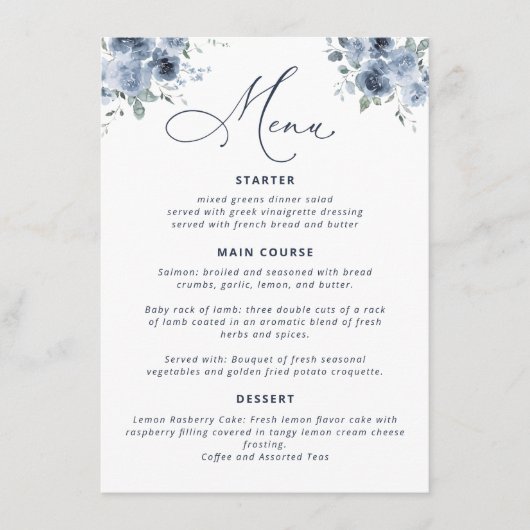 Menu de Fête des mariées bleu Dusty (Devant)