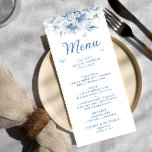 Menu de Fête des mariées Florale bleu et blanc chi<br><div class="desc">Ce chef-d'oeuvre visuel tisse en toute transparence la beauté iconique du bleu et du blanc avec l'allure éthérée de l'aquarelle. Les objets, ornés de délicats motifs chinois. De délicieuses fleurs et papillons dansent gracieusement à travers la pièce, capturant l'essence de la beauté raffinée. Les traits d'aquarelle apportent une touche de...</div>