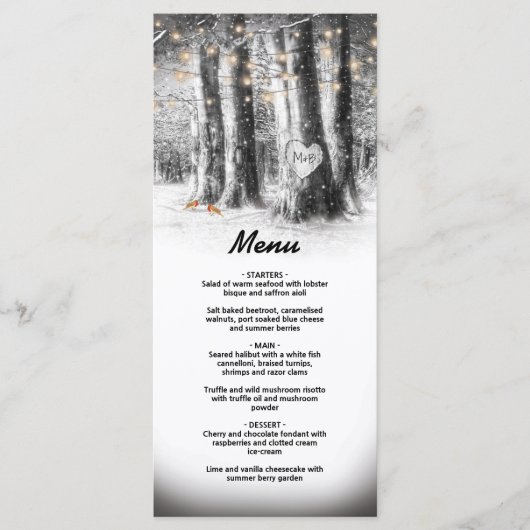 Menu de fête d'hiver rustique avec arbre et guirla (Devant)