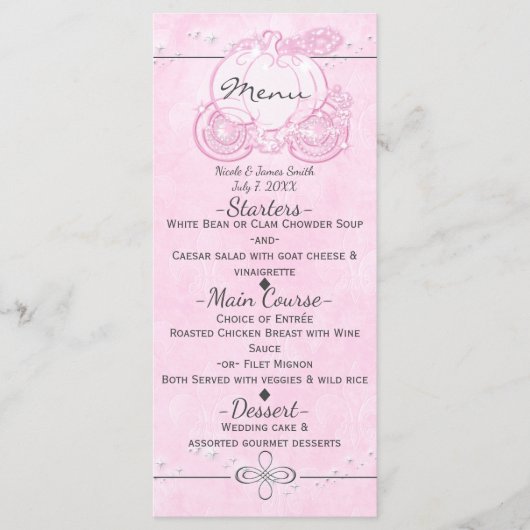 Menu de fête élégant Carrosse Cendrillon rose (Devant)