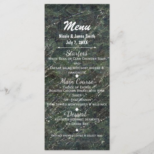 Menu de fête Glam Camo Vert & Argent (Devant)