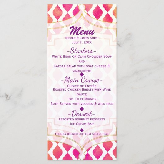 Menu de fête glamour arabe marocain rose et orange (Devant)