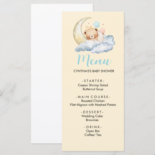 Menu de fête prénatale pour garçon ourson de rêve (Devant / Derrière)