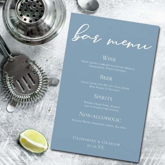 Menu de la barre de Mariage bleu Dusty avec typogr