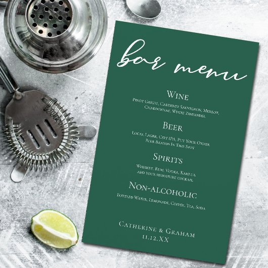 Menu de la barre de Mariage Emerald Green Script F