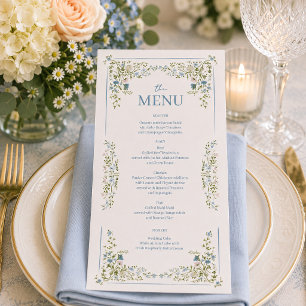 Menu de la douche de mariée florale bleue botaniqu