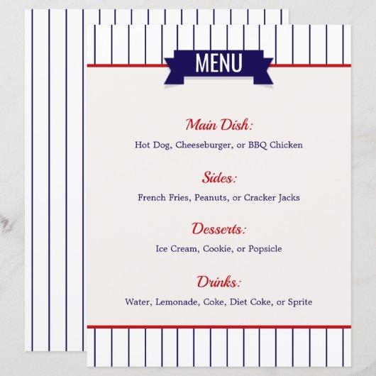 Menu de la fête à thème de baseball (Devant / Derrière)