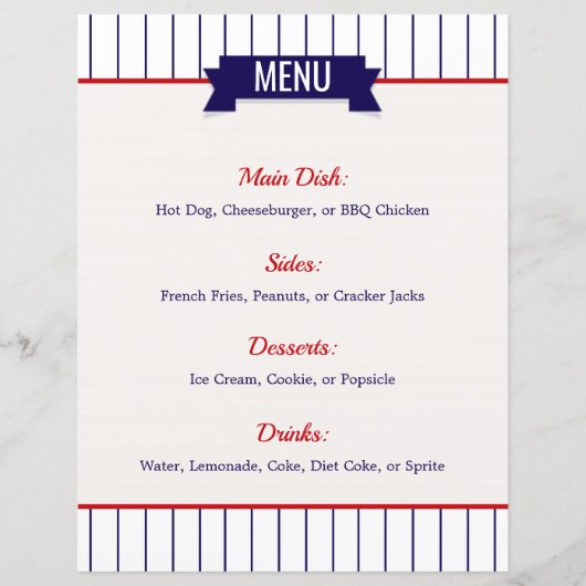 Menu de la fête à thème de baseball (Devant)